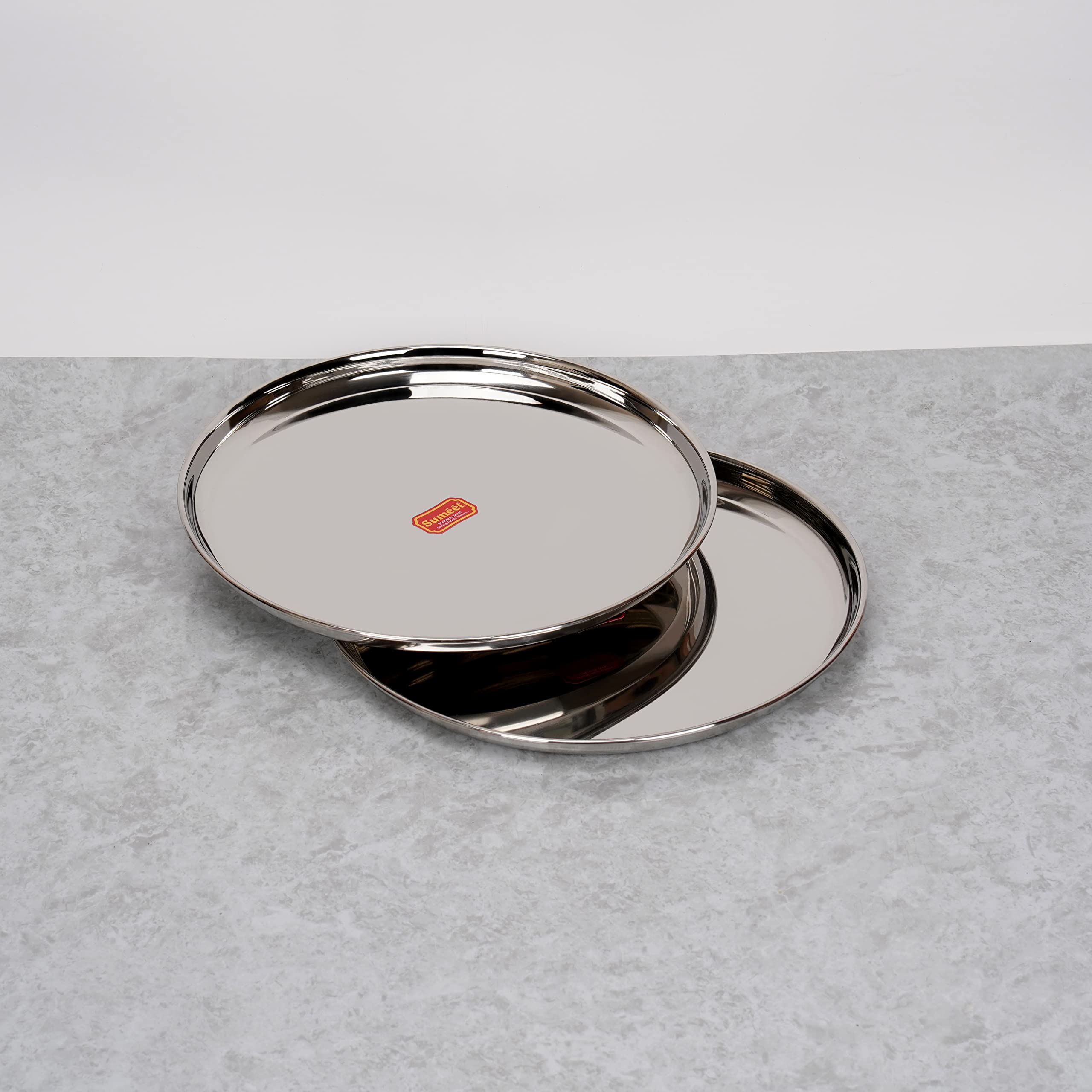 Sumeet Stainless-Steel Heavy Gauge Dinner Plates with Mirror Finish-32.3cm Dia, Set of 2pc, Silver